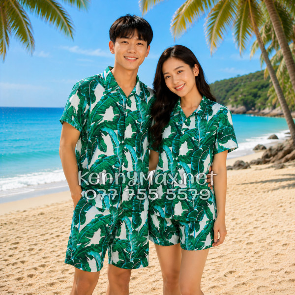 Set Áo Sơ Mi Quần Short Tropical Lá Chuối Đi Biển Nam Nữ