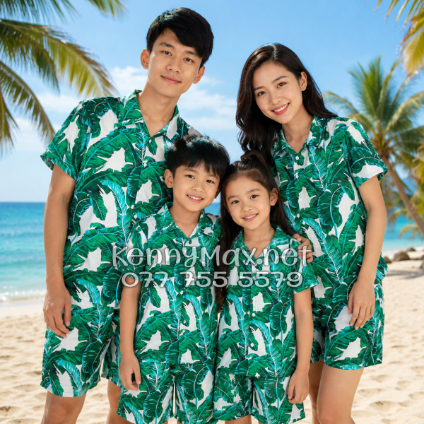 Set Áo Sơ Mi Quần Short Tropical Lá Chuối Đi Biển Nam Nữ
