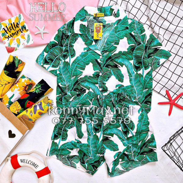 Set Áo Sơ Mi Quần Short Tropical Lá Chuối Đi Biển Nam Nữ