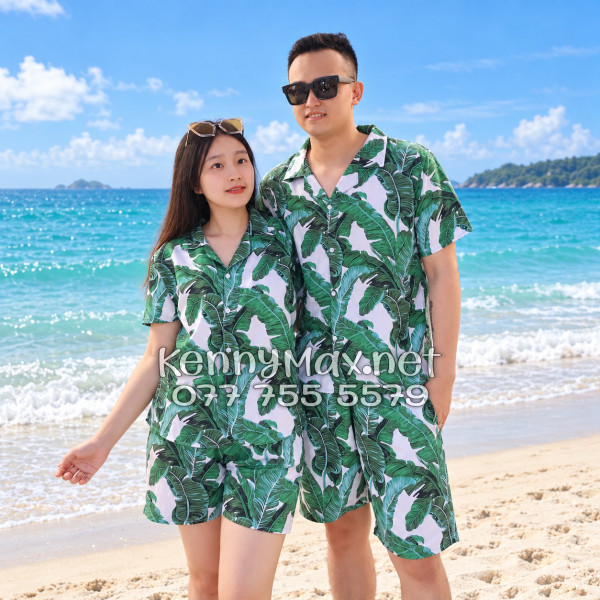 Set Áo Sơ Mi Quần Short Tropical Lá Chuối Đi Biển Nam Nữ