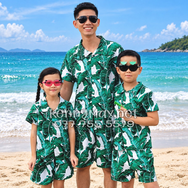 Set Áo Sơ Mi Quần Short Tropical Lá Chuối Đi Biển Nam Nữ