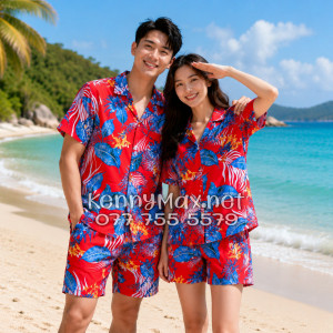 Set Áo Sơ Mi Quần Short Tropical Hoa Lá Đỏ Đi Biển Nam Nữ