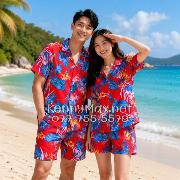 Set Áo Sơ Mi Quần Short Tropical Hoa Lá Đỏ Đi Biển Nam Nữ