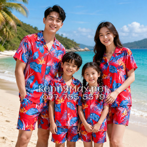 Set Áo Sơ Mi Quần Short Tropical Hoa Lá Đỏ Đi Biển Nam Nữ