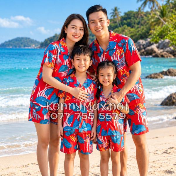 Set Áo Sơ Mi Quần Short Tropical Hoa Lá Đỏ Đi Biển Nam Nữ