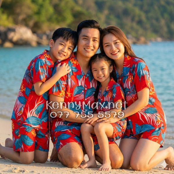 Set Áo Sơ Mi Quần Short Tropical Hoa Lá Đỏ Đi Biển Nam Nữ