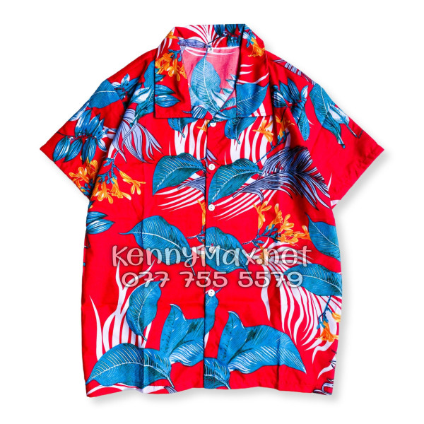Set Áo Sơ Mi Quần Short Tropical Hoa Lá Đỏ Đi Biển Nam Nữ