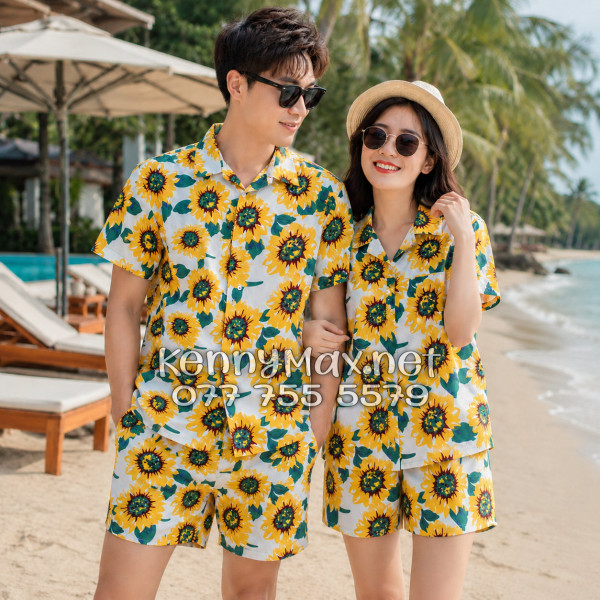 Set Áo Sơ Mi Quần Short Tropical Hoa Hướng Dương Trắng Đi Biển Nam Nữ