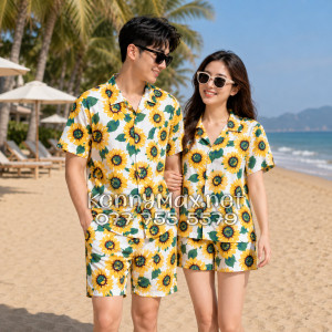 Set Áo Sơ Mi Quần Short Tropical Hoa Hướng Dương Trắng Đi Biển Nam Nữ