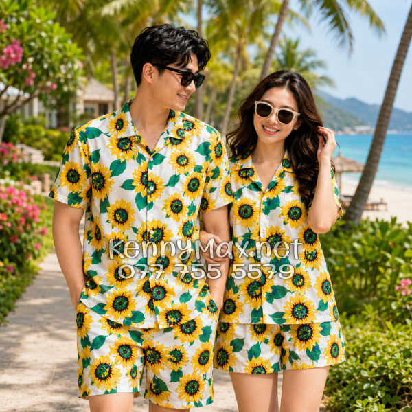 Set Áo Sơ Mi Quần Short Tropical Hoa Hướng Dương Trắng Đi Biển Nam Nữ