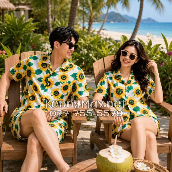 Set Áo Sơ Mi Quần Short Tropical Hoa Hướng Dương Trắng Đi Biển Nam Nữ