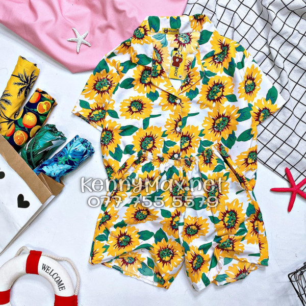 Set Áo Sơ Mi Quần Short Tropical Hoa Hướng Dương Trắng Đi Biển Nam Nữ