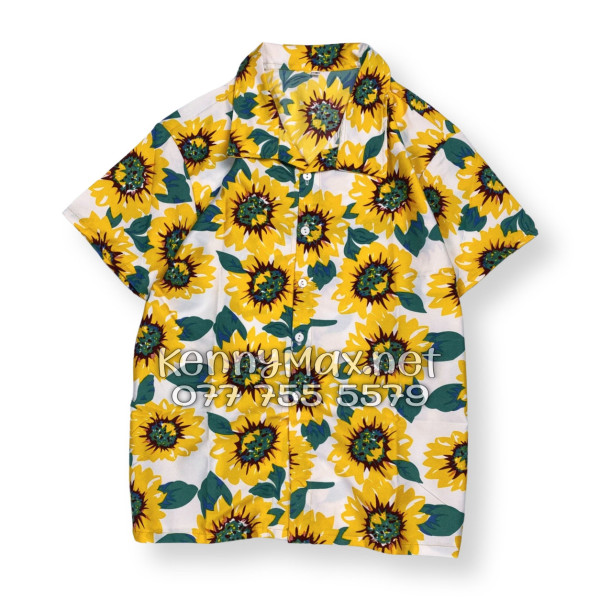Set Áo Sơ Mi Quần Short Tropical Hoa Hướng Dương Trắng Đi Biển Nam Nữ