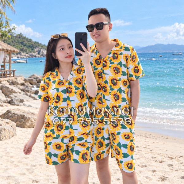 Set Áo Sơ Mi Quần Short Tropical Hoa Hướng Dương Trắng Đi Biển Nam Nữ