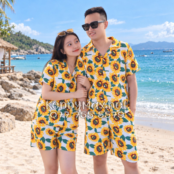 Set Áo Sơ Mi Quần Short Tropical Hoa Hướng Dương Trắng Đi Biển Nam Nữ