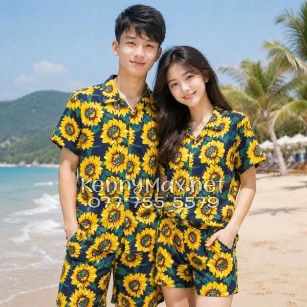 Set Áo Sơ Mi Quần Short Tropical Hoa Hướng Dương Xanh Đen Đi Biển Nam Nữ