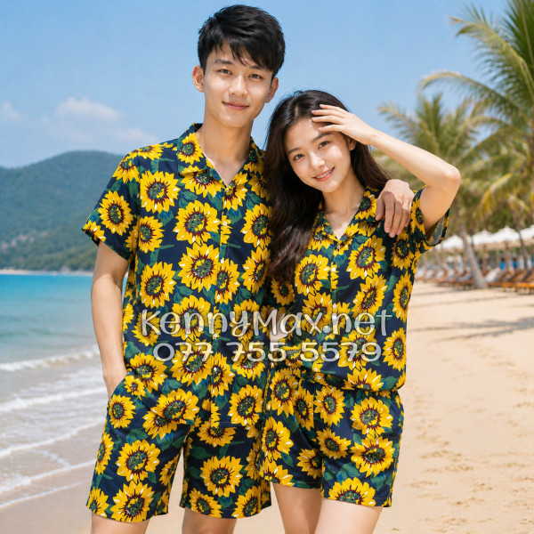 Set Áo Sơ Mi Quần Short Tropical Hoa Hướng Dương Xanh Đen Đi Biển Nam Nữ