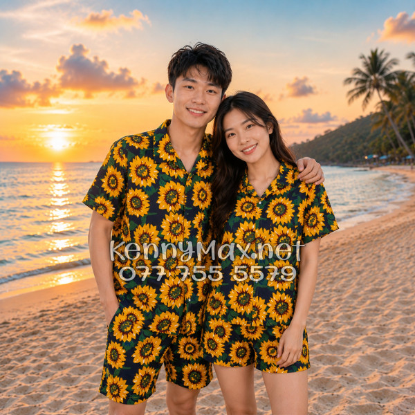 Set Áo Sơ Mi Quần Short Tropical Hoa Hướng Dương Xanh Đen Đi Biển Nam Nữ