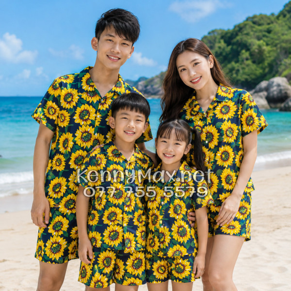 Set Áo Sơ Mi Quần Short Tropical Hoa Hướng Dương Xanh Đen Đi Biển Nam Nữ