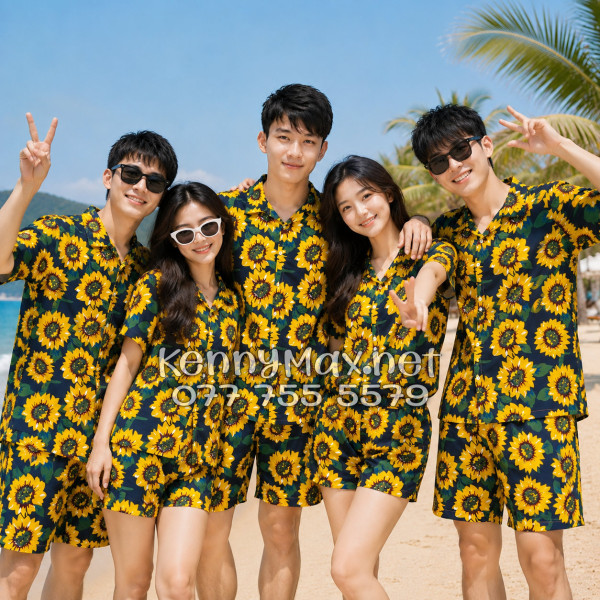 Set Áo Sơ Mi Quần Short Tropical Hoa Hướng Dương Xanh Đen Đi Biển Nam Nữ