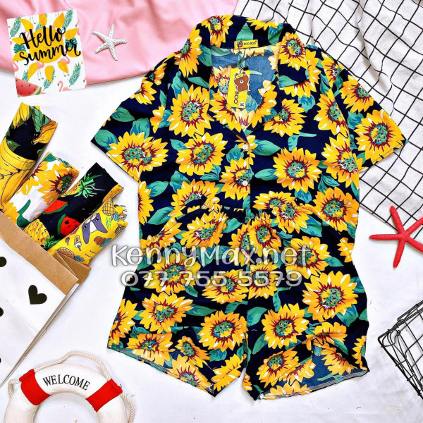 Set Áo Sơ Mi Quần Short Tropical Hoa Hướng Dương Xanh Đen Đi Biển Nam Nữ