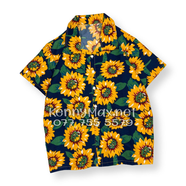 Set Áo Sơ Mi Quần Short Tropical Hoa Hướng Dương Xanh Đen Đi Biển Nam Nữ