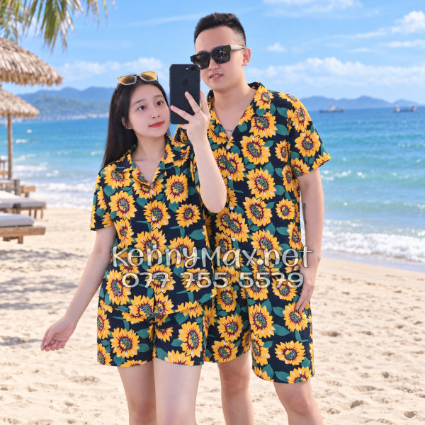 Set Áo Sơ Mi Quần Short Tropical Hoa Hướng Dương Xanh Đen Đi Biển Nam Nữ