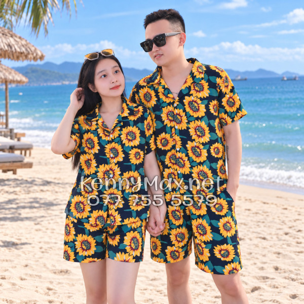 Set Áo Sơ Mi Quần Short Tropical Hoa Hướng Dương Xanh Đen Đi Biển Nam Nữ