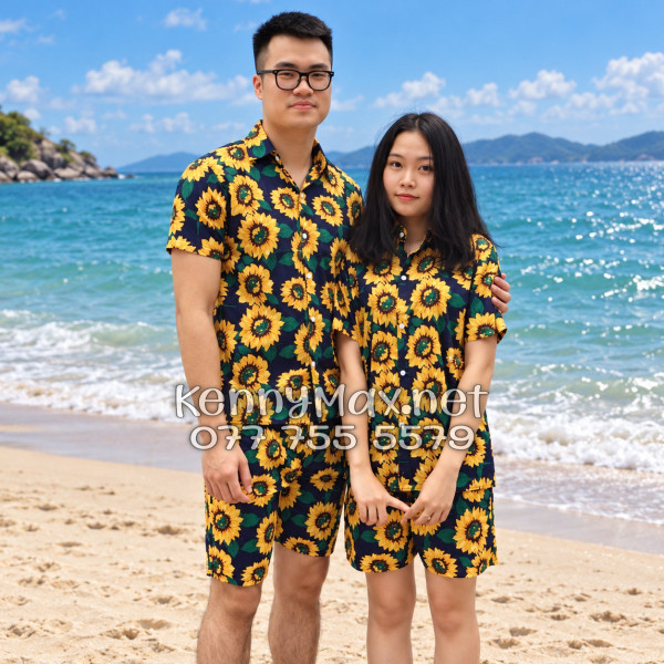 Set Áo Sơ Mi Quần Short Tropical Hoa Hướng Dương Xanh Đen Đi Biển Nam Nữ