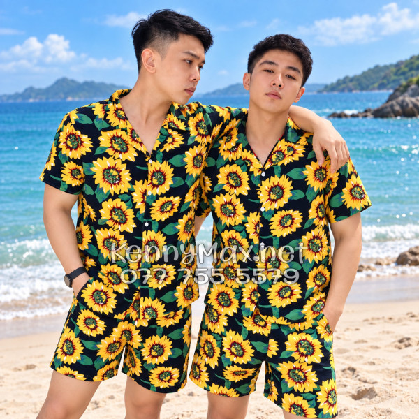 Set Áo Sơ Mi Quần Short Tropical Hoa Hướng Dương Xanh Đen Đi Biển Nam Nữ