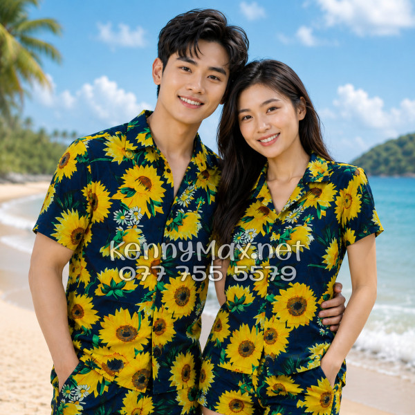 Set Áo Sơ Mi Quần Short Tropical Hoa Cúc Đi Biển Nam Nữ
