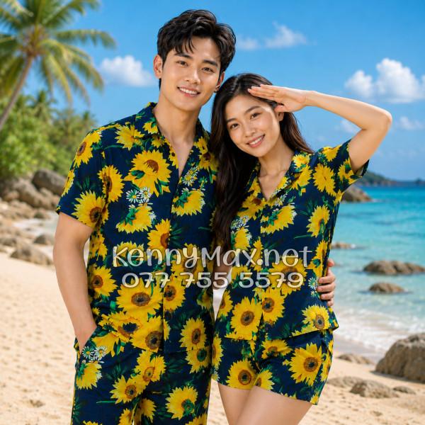 Set Áo Sơ Mi Quần Short Tropical Hoa Cúc Đi Biển Nam Nữ