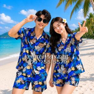 Set Áo Sơ Mi Quần Short Tropical Hoa Vàng Lá Xanh Đi Biển Nam Nữ