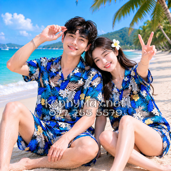 Set Áo Sơ Mi Quần Short Tropical Hoa Vàng Lá Xanh Đi Biển Nam Nữ