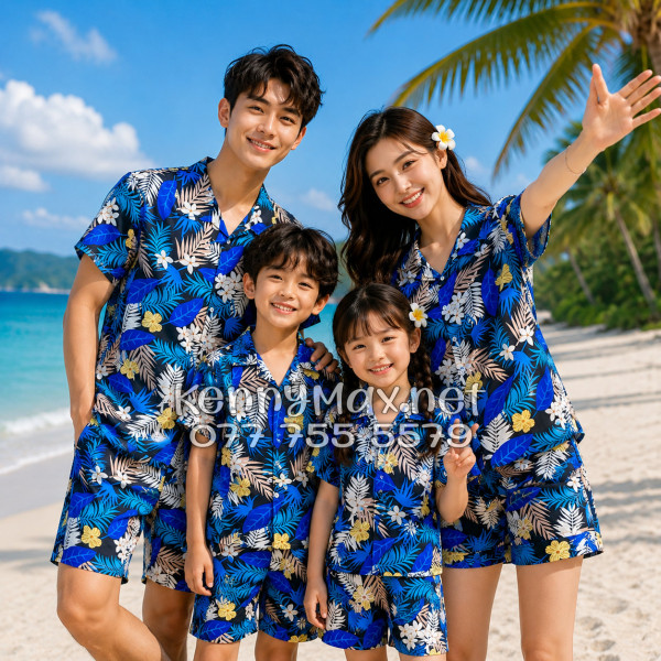 Set Áo Sơ Mi Quần Short Tropical Hoa Vàng Lá Xanh Đi Biển Nam Nữ