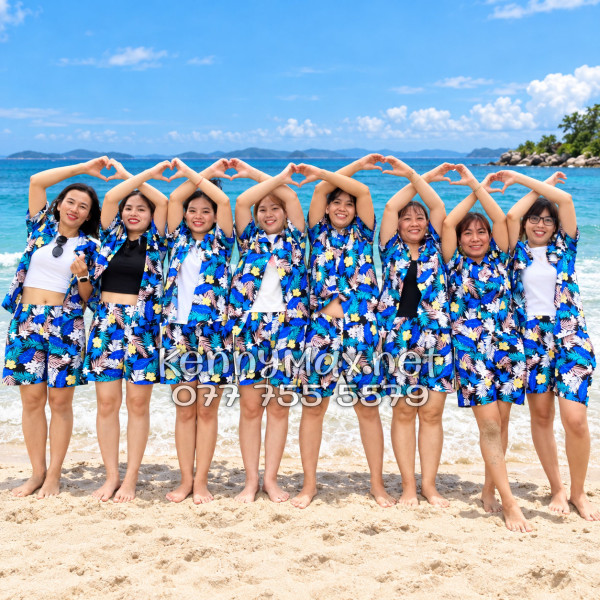 Set Áo Sơ Mi Quần Short Tropical Hoa Vàng Lá Xanh Đi Biển Nam Nữ