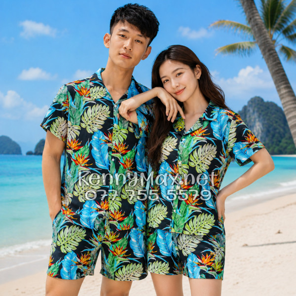 Set Áo Sơ Mi Quần Short Tropical Hoa Thiên Điểu Lá Trầu Bà Lá Xẻ Nam Nữ