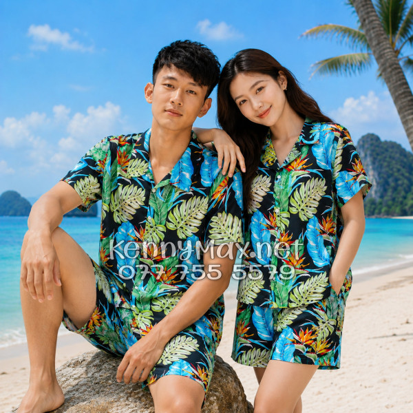 Set Áo Sơ Mi Quần Short Tropical Hoa Thiên Điểu Lá Trầu Bà Lá Xẻ Nam Nữ