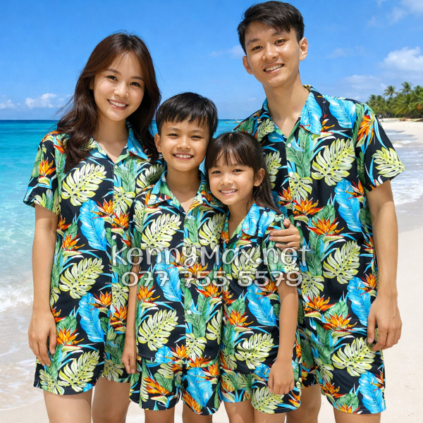 Set Áo Sơ Mi Quần Short Tropical Hoa Thiên Điểu Lá Trầu Bà Lá Xẻ Nam Nữ