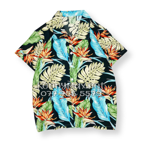 Set Áo Sơ Mi Quần Short Tropical Hoa Thiên Điểu Lá Trầu Bà Lá Xẻ Nam Nữ