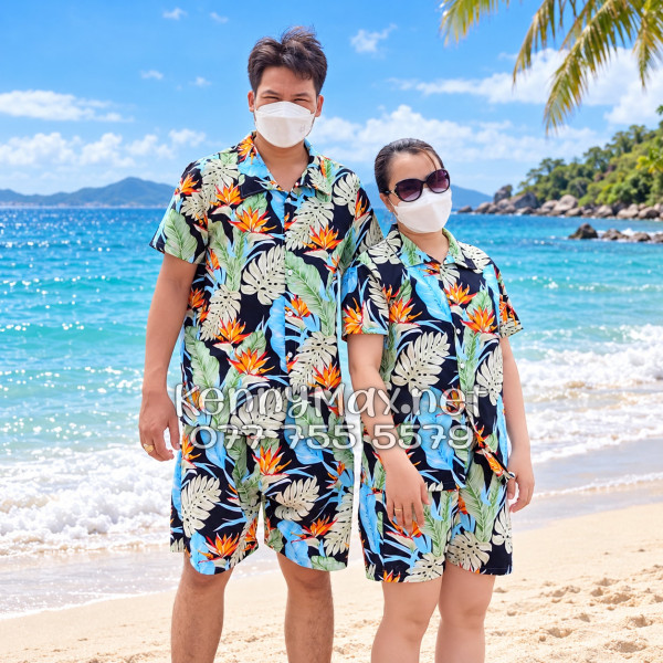 Set Áo Sơ Mi Quần Short Tropical Hoa Thiên Điểu Lá Trầu Bà Lá Xẻ Nam Nữ