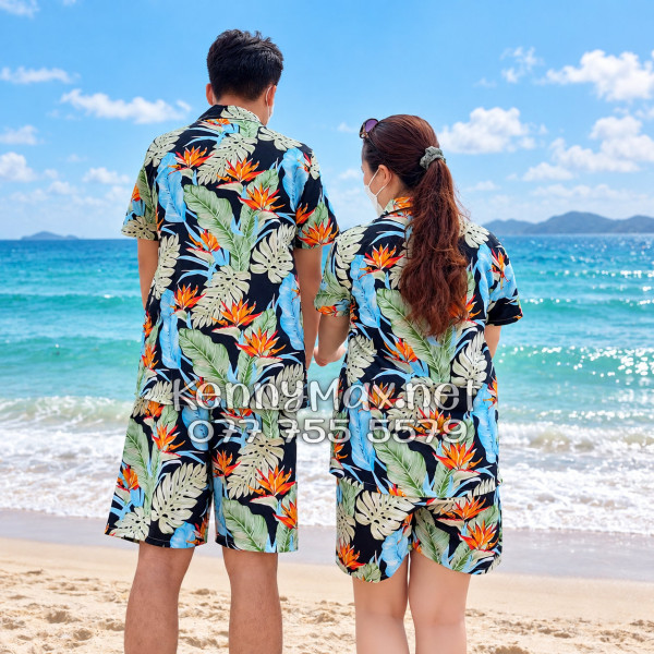 Set Áo Sơ Mi Quần Short Tropical Hoa Thiên Điểu Lá Trầu Bà Lá Xẻ Nam Nữ