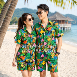 Set Áo Sơ Mi Quần Short Tropical Hoa Loa Kèn Đi Biển Nam Nữ