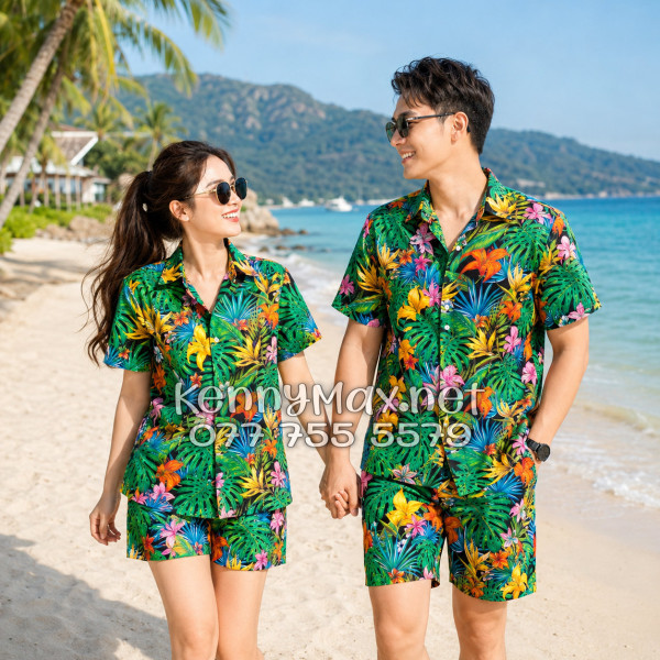 Set Áo Sơ Mi Quần Short Tropical Hoa Loa Kèn Đi Biển Nam Nữ