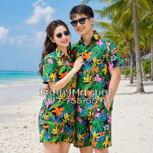 Set Áo Sơ Mi Quần Short Tropical Hoa Loa Kèn Đi Biển Nam Nữ