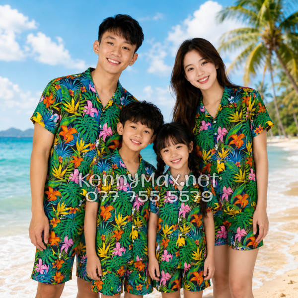 Set Áo Sơ Mi Quần Short Tropical Hoa Loa Kèn Đi Biển Nam Nữ