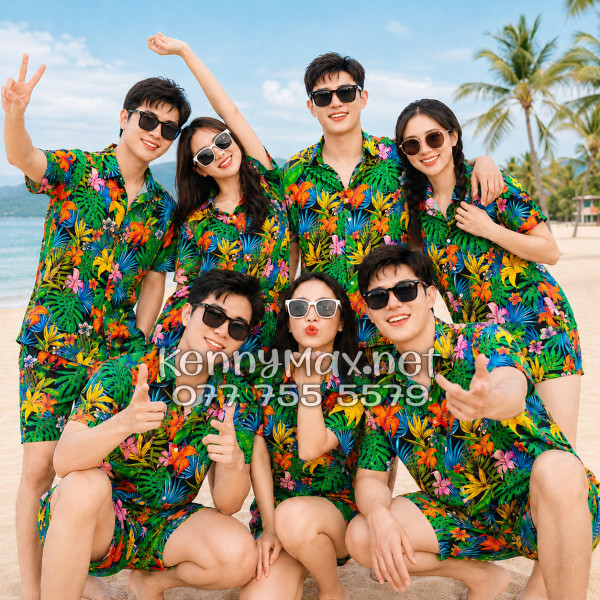 Set Áo Sơ Mi Quần Short Tropical Hoa Loa Kèn Đi Biển Nam Nữ