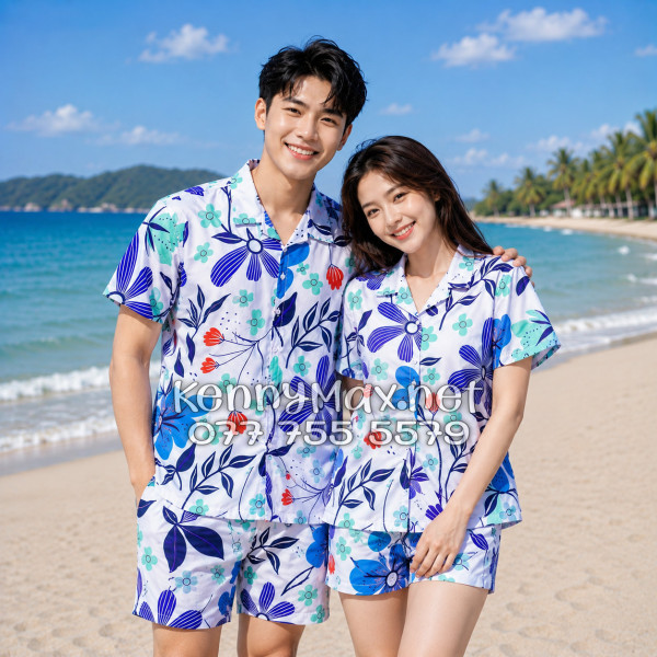 Set Áo Sơ Mi Quần Short Tropical Hoa Tulip Đi Biển Nam Nữ