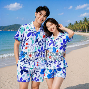 Set Áo Sơ Mi Quần Short Tropical Hoa Tulip Đi Biển Nam Nữ