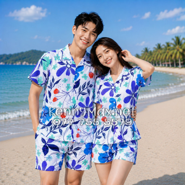 Set Áo Sơ Mi Quần Short Tropical Hoa Tulip Đi Biển Nam Nữ